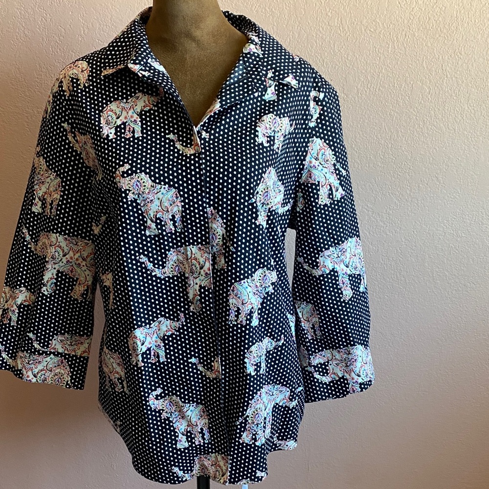 Chico's 100% Cotton Black Polka Dot Blouse with Pastel Paisley Elephants